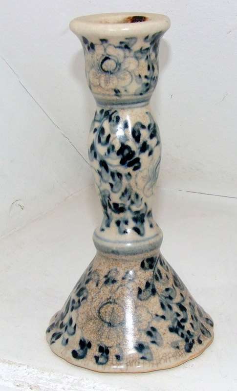 Antique blue and white ceramic candlestick.