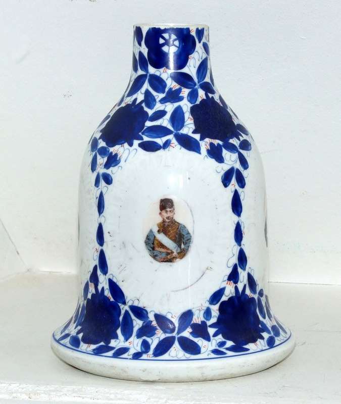 ANTIQUE HAND PAINTED CERAMIC HOOKAH BASE WITH TRANSFER PORTRAITS, PERSIAN