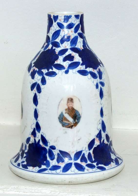 ANTIQUE HAND PAINTED CERAMIC HOOKAH BASE WITH TRANSFER PORTRAITS, PERSIAN