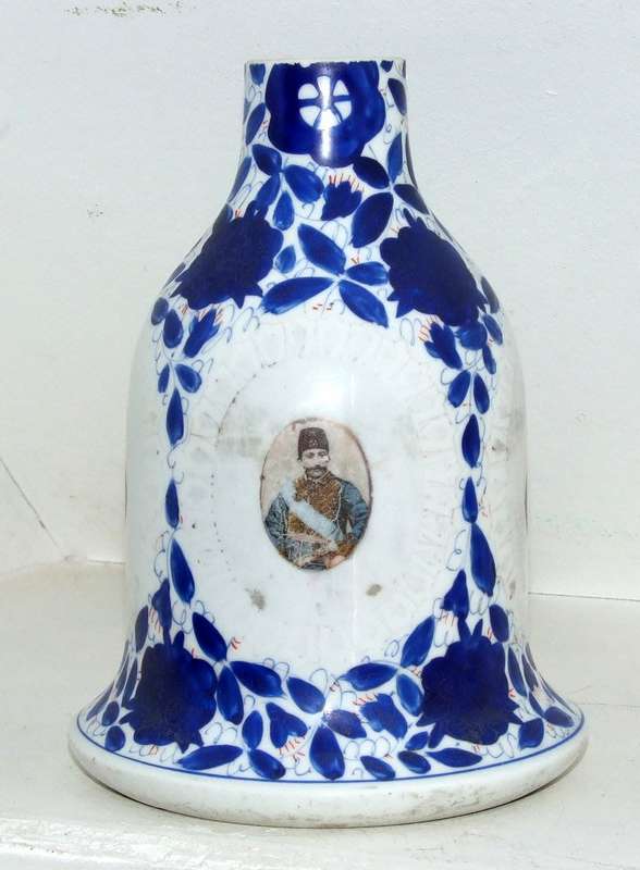 ANTIQUE HAND PAINTED CERAMIC HOOKAH BASE WITH TRANSFER PORTRAITS, PERSIAN