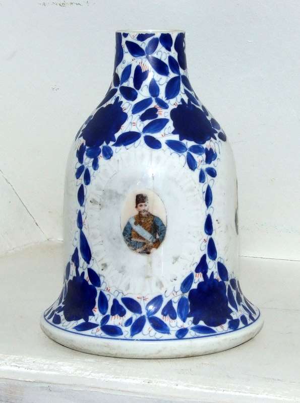 ANTIQUE HAND PAINTED CERAMIC HOOKAH BASE WITH TRANSFER PORTRAITS, PERSIAN