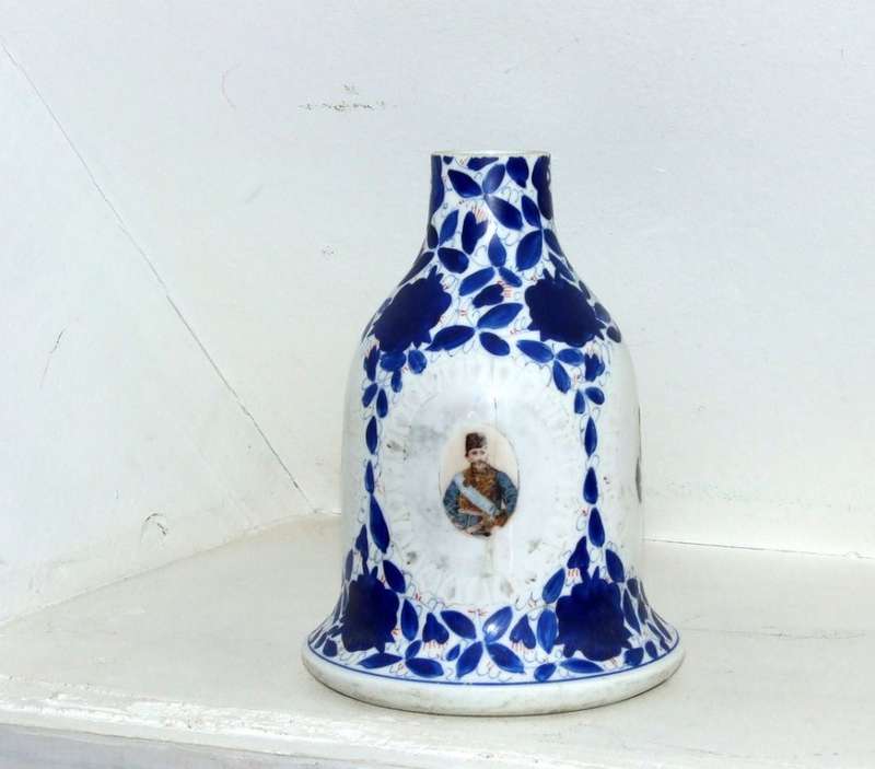 ANTIQUE HAND PAINTED CERAMIC HOOKAH BASE WITH TRANSFER PORTRAITS, PERSIAN