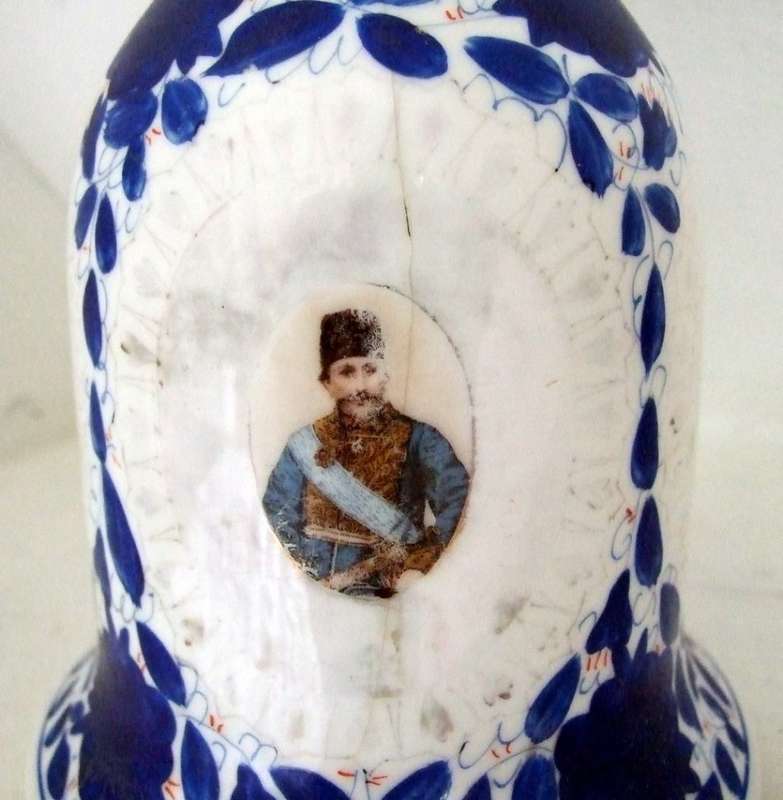 ANTIQUE HAND PAINTED CERAMIC HOOKAH BASE WITH TRANSFER PORTRAITS, PERSIAN
