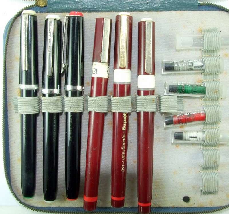 Set of 3 STAEDTLER & 3 ROTRING drawing pens with 8 nibs in Staedtler Case