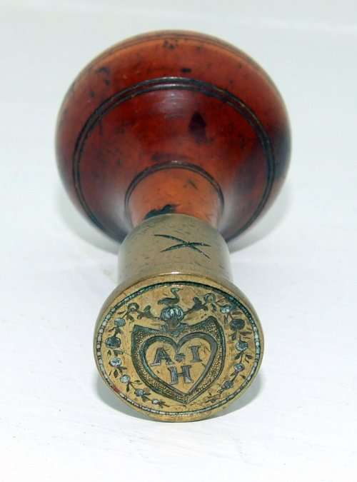 Antique  mahogany and brass wax seal stamp "IAH" in Shield