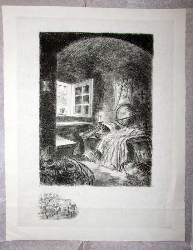 Excellent vintage etching - scholar`s alcove.