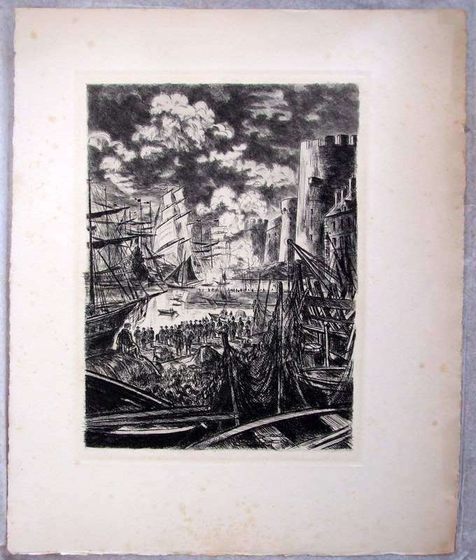 Classic vintage etching - Harbour scene