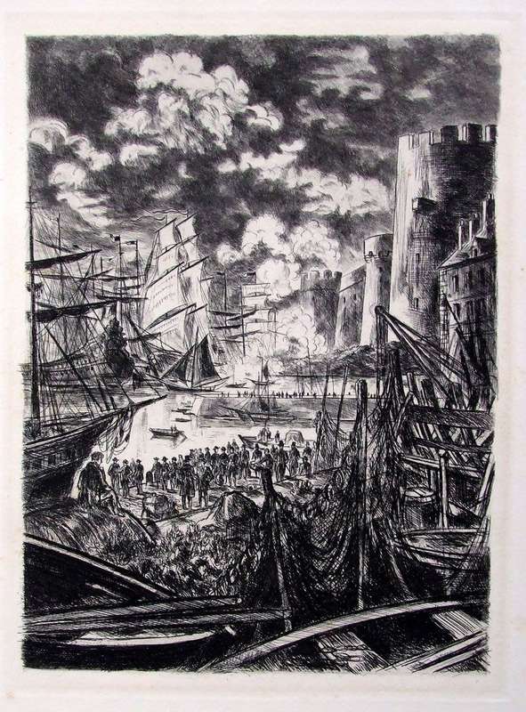 Classic vintage etching - Harbour scene