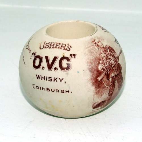 Rare Antique Ceramic Match Holder Advertising USHER'S O.V.G. WHISKY - with Kipling Poem