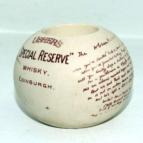 Rare Antique Ceramic Match Holder Advertising USHER'S O.V.G. WHISKY - with Kipling Poem