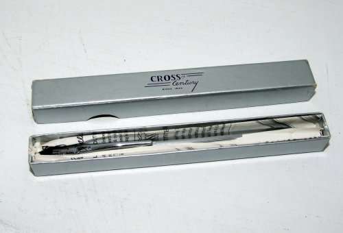 VINTAGE BOXED CHROME CROSS CENTURY BALLPOINT PEN WITH CADUCEUS SYMBOL, INSTRUCTIONS.