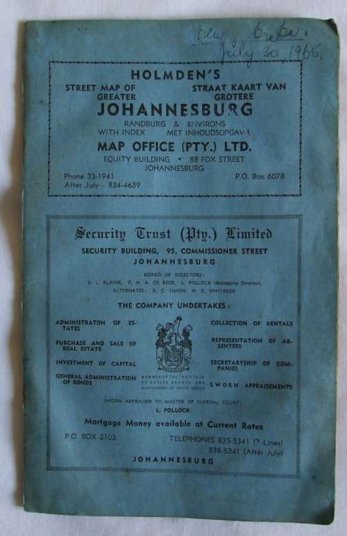 Vintage 1960`s Holmden`s Street Map of Greater Johannesburg