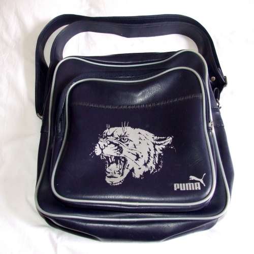 Vintage PUMA dark blue vinyl crossbody sports bag with rare big cat face