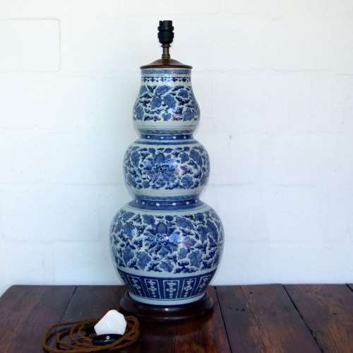 Superb Chinese Hand Painted Blue and White triple gourd lamp, 56cms high.