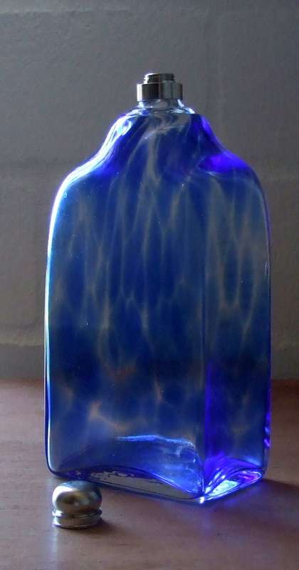 Studio Art Glass: Stiegel style mottled blue flask decanter bottle