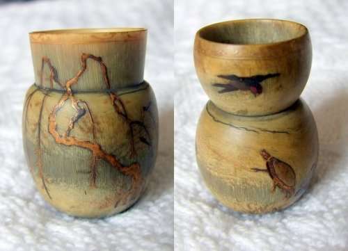 Rare Japanese lacquered hand painted buffalo horn cups, Meiji to Showa period