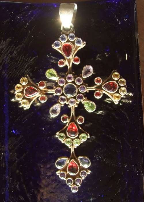 Vintage Sterling Silver Cross with  garnets, amethyst, peridot and blue topaz