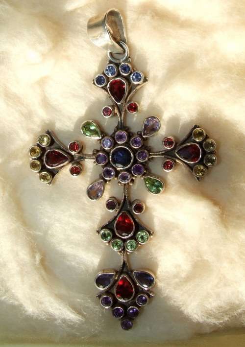 Vintage Sterling Silver Cross with  garnets, amethyst, peridot and blue topaz