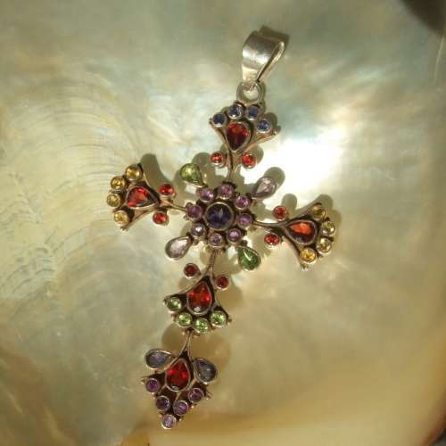Vintage Sterling Silver Cross with  garnets, amethyst, peridot and blue topaz