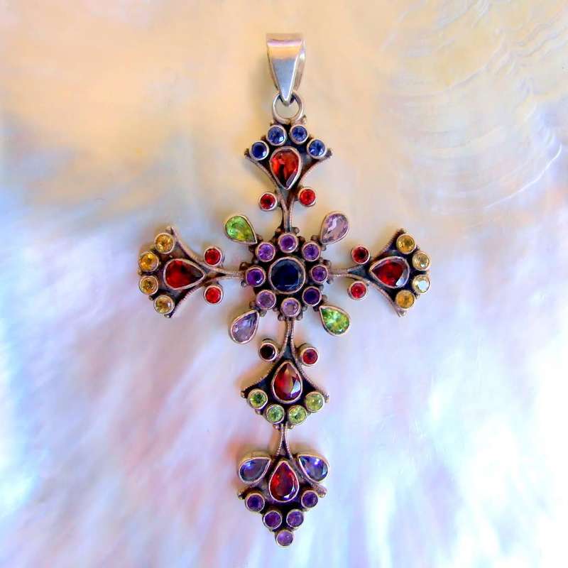 Vintage Sterling Silver Cross with  garnets, amethyst, peridot and blue topaz