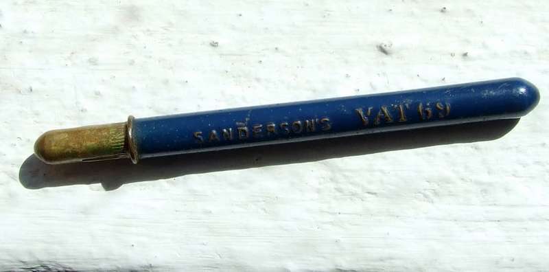 Antique brass and feather quill toothpick advertising Sanderson & Co VAT 69 WHISKY