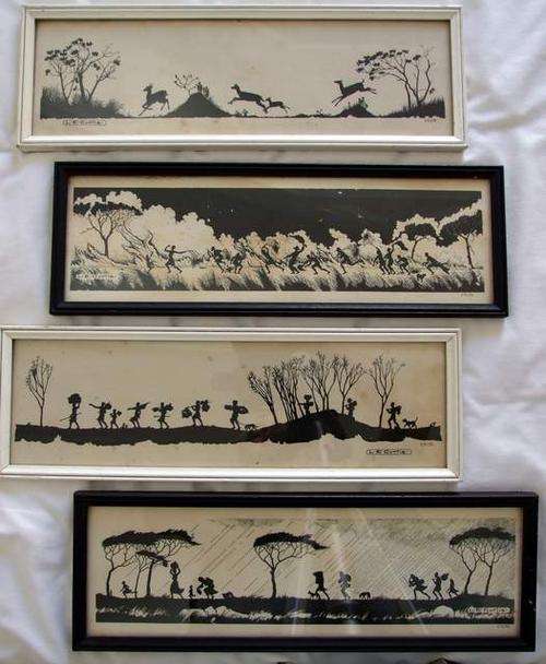 Set of 4 quirky retro 50's silhouette prints by L E Curtis.