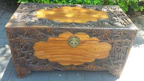 Chinese Carved Camphor Wood Kist with Bamboo Motifs