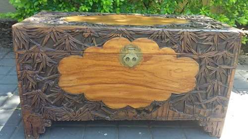 Chinese Carved Camphor Wood Kist with Bamboo Motifs