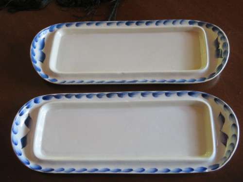 Pair of Russian Gzhel blue and white oblong serving plates.