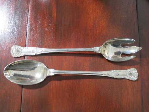 A pair of large EPNS King`s pattern salad servers.