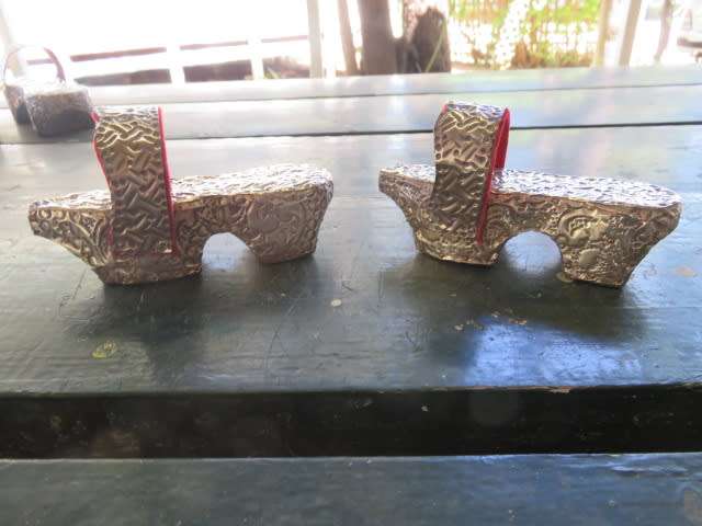 Pair of vintage Turkish wooden and silver overlaid clogs