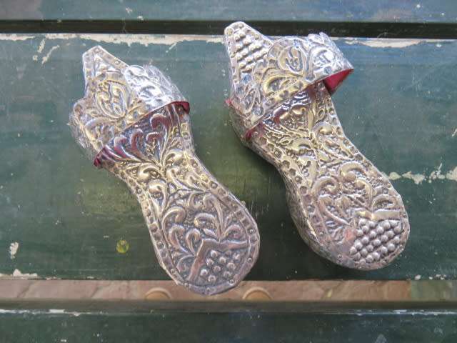 Pair of vintage Turkish wooden and silver overlaid clogs