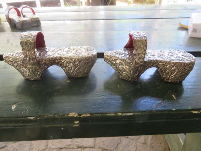Pair of vintage Turkish wooden and silver overlaid clogs