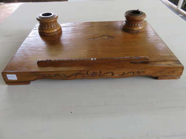Vintage oak writing top with two inkwells.