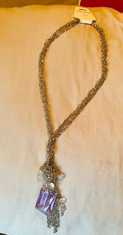 Silver knotted chain with diamanté detail and large purple stone