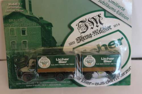 Vintage Mercedes BenzTruck (round nose)H0 1:87 with trailer Licher Beer limited 150years jubilee
