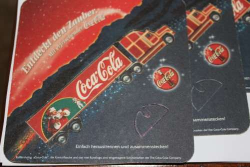 Coca-Cola 4 Vintage German coasters 13cmx13cm with cut out truck, for Coke collectors,never used