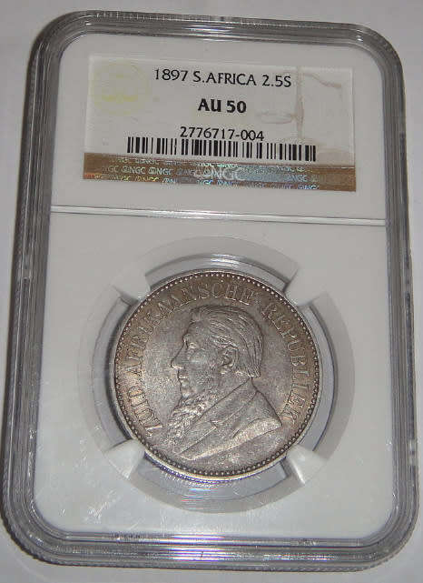 Paul Kruger Z.A.R. Silver Half Crown (2/6-) of 1897: NGC graded AU50