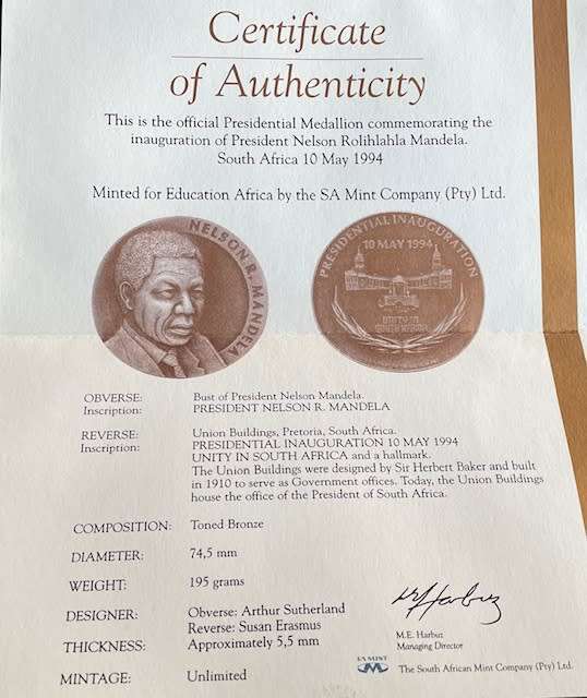 Nelson Mandela FNB Toned Bronze Medallion including Authentication Certificate