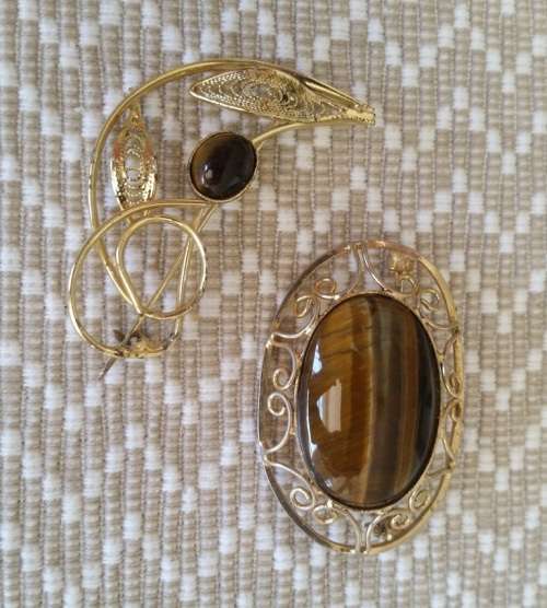 Two Tigers Eye Brooches in box - Gold Coloured