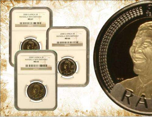 Set: Nelson Mandela 90th Birthday 2008 R5 MS65, MS66 and MS67 (NGC Graded)