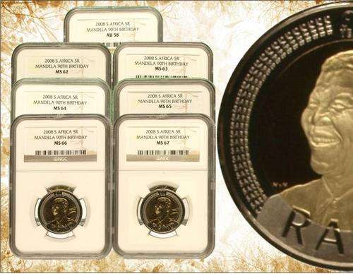 Nelson Mandela 90th Birthday 2008 R5 Set: AU58, MS62, MS63, MS64,MS65, MS66 and MS67 Price per coin