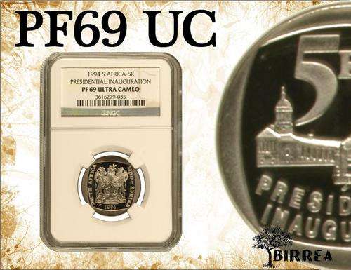 Nelson Mandela Inauguration 1994 R5 PF69 Ultra Cameo (NGC Graded) Display box included