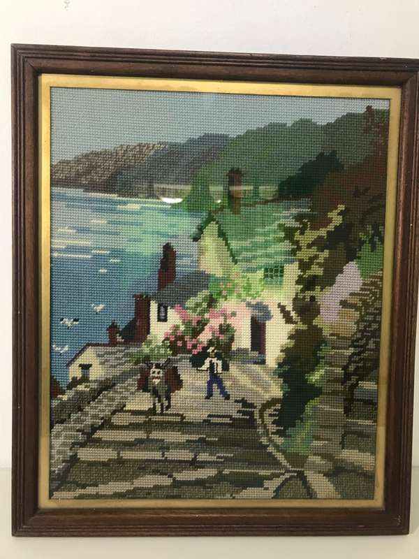 Vintage Tapestry Embroidery Small Village by sea, Man and Donkey 48cm x 40cm