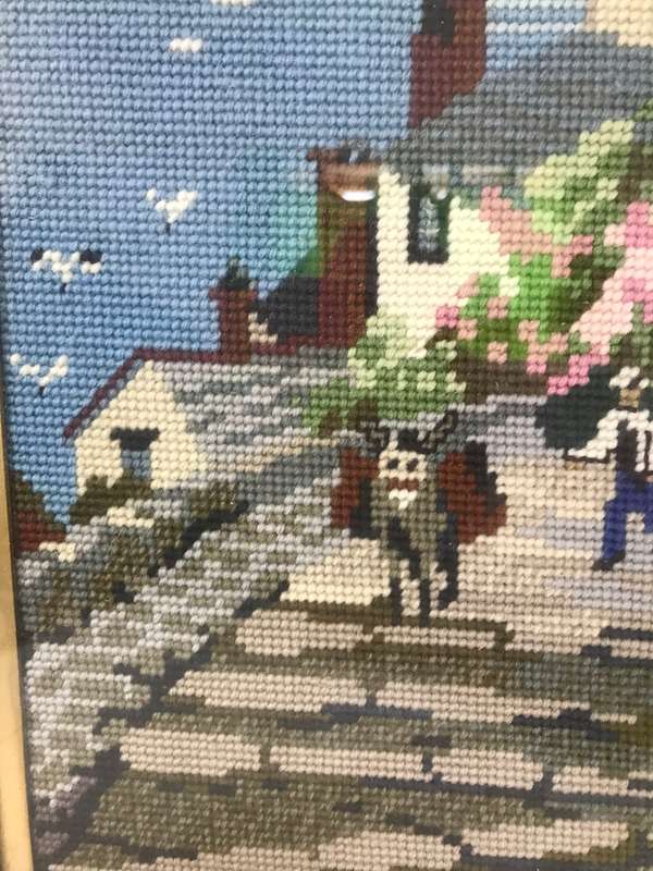Vintage Tapestry Embroidery Small Village by sea, Man and Donkey 48cm x 40cm