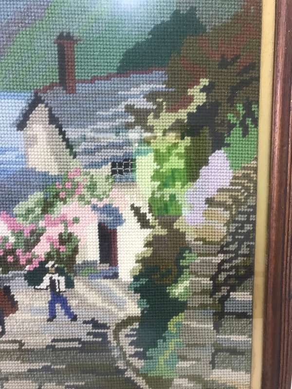 Vintage Tapestry Embroidery Small Village by sea, Man and Donkey 48cm x 40cm