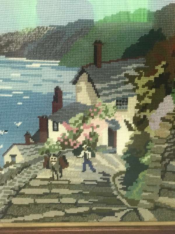 Vintage Tapestry Embroidery Small Village by sea, Man and Donkey 48cm x 40cm