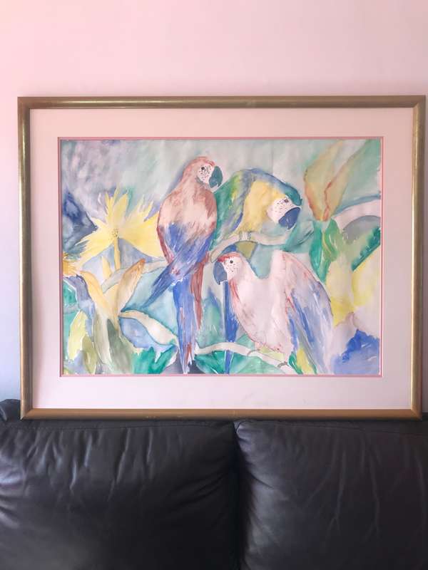 Stunning Huge Water Colour Painting 3 x Parrots in Tropical Tree Original size 95cm x 75cm Signed