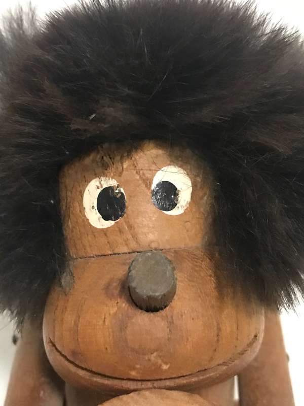 Vintage Danish Teak Articulated Ape Caveman Playing Drum by Kay Bojensen