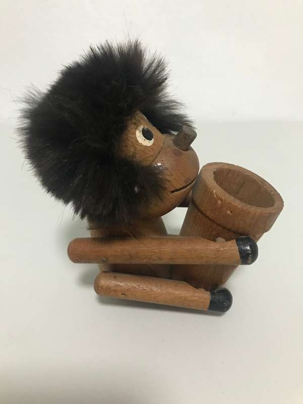 Vintage Danish Teak Articulated Ape Caveman Playing Drum by Kay Bojensen
